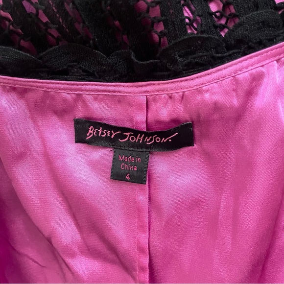 Betsey Johnson Vintage 90s Y2K Crochet 100% Silk Puff Sleeve Bow Mini Dress US 4 - Picture 2 of 4